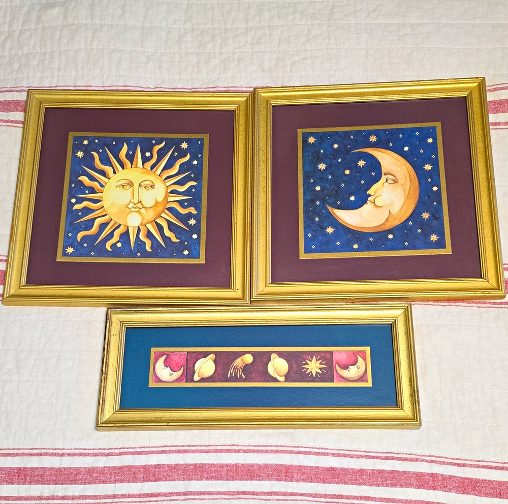 Vintage Mary Beth Zeitz 90's Celestial Moon Sun Art 3 Pc Set Framed